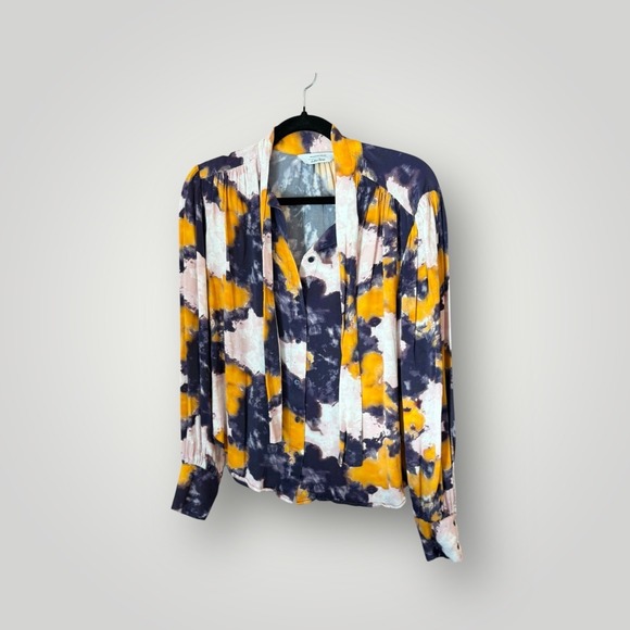 & Other Stories Tops - & Other Stories Abstract Tie Dye Bow Neck Blouse Mustard Navy Womens Size 8